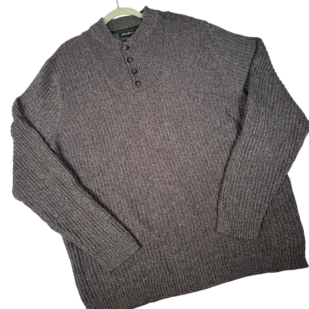 Eddie Bauer Henley Sweater Mens XXL Tall Brown Marled Ribbed Cotton Pullover